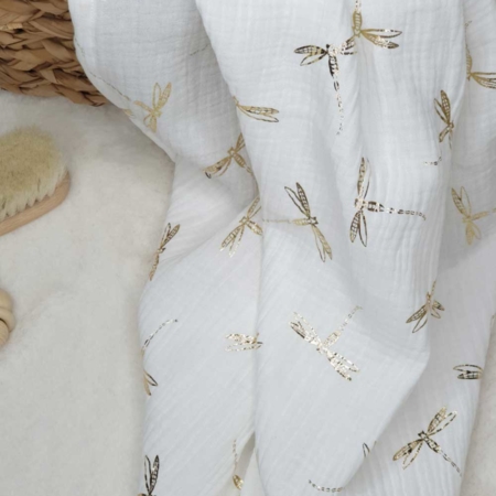 Musselintuch in weiß mit goldenen Libellen 60x60cm