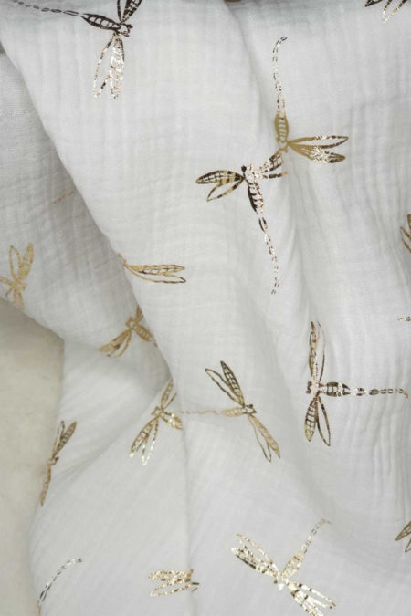 Musselintuch in weiß mit goldenen Libellen 60x60cm